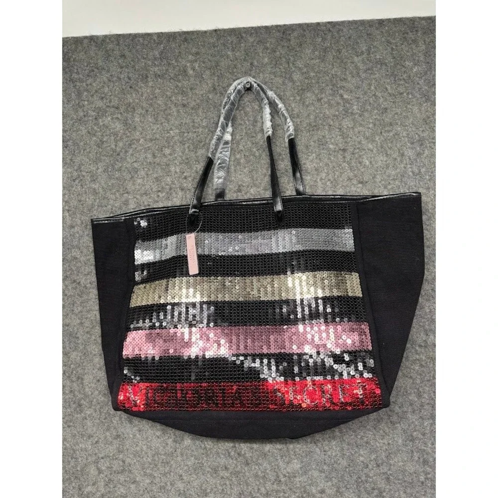 Victoria's Secret Sequin Stripe Canvas Tote Bag Black Multi Color Large NEW
